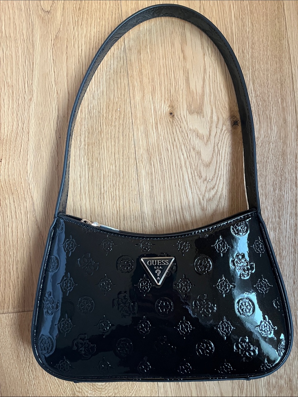 GUESS Black Patent Embossed Shoulder Bag with Triangle Logo